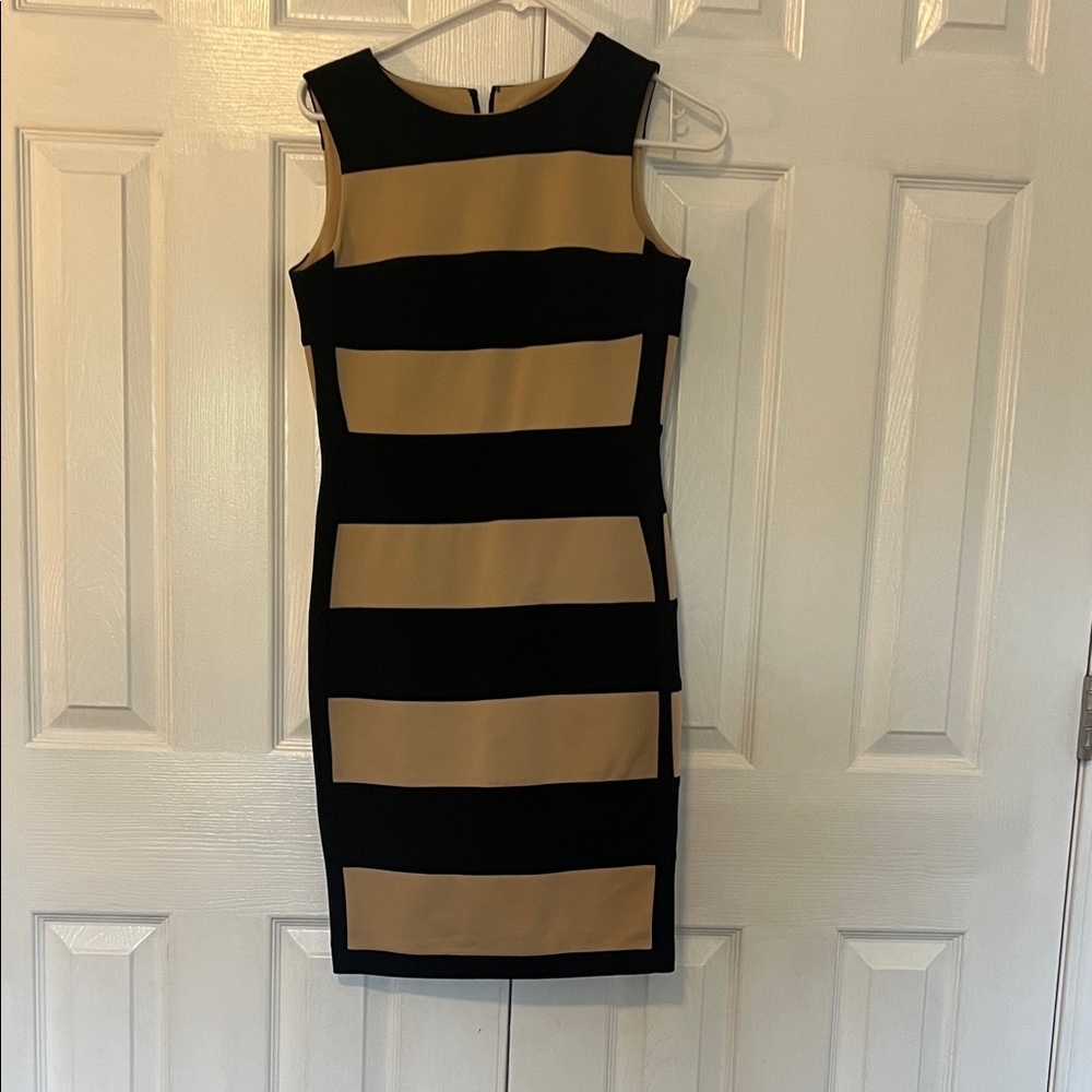 Calvin Klein Black and Tan Blocked Midi Dress